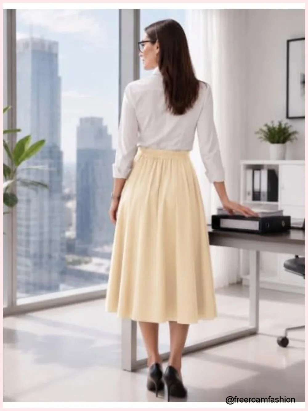 High Waist Pleated Midi Skirt with Pockets A-Line Flared Work Skirt
